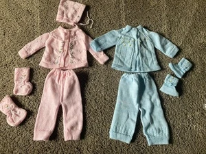 Vtg Handmade Baby Cardigan Pants Bonnet Booties sets Hand Knitted Pink/Blue - Picture 1 of 8