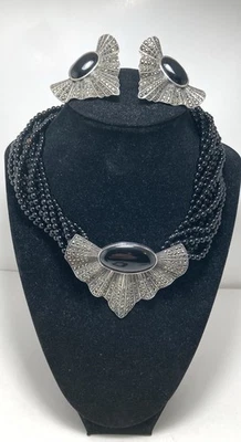 Juego de collar vintage Judith Jack plata esterlina ónix marcasita estilo Art Deco Foto 1 de 4