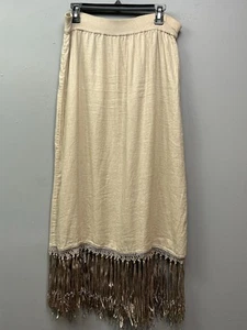 Chico's Skirt Womens Size 1 Tan Midi Linen A Line Pull On Tassels Boho Italian - Picture 1 of 8