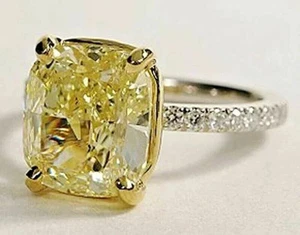 2CT Cushion Lab-Created Yellow Citrine Women Wedding Ring 14K White Gold Plated - Picture 1 of 4