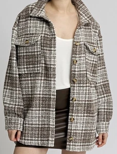 LBLC THE LABEL Pamela Cocoa White Plaid Button Up ShacketCoat Shirttail Hem Sz L - Picture 1 of 14