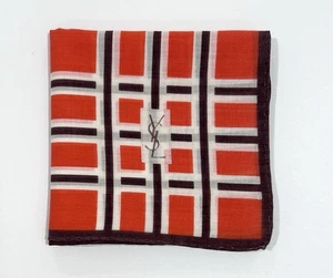 YSL HANDKERCHIEF UNISEX POCKET SQUARE ART RED CHECK STRIPPED COTTON 18" - Picture 1 of 5