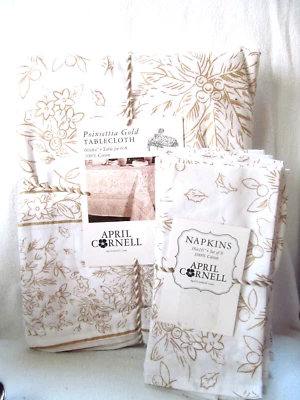 APRIL CORNELL POINSETTIA GOLD TABLECLOTH 60" X 84" + 8 NAPKINS 16 x 16 -NWT - Image 1 of 4