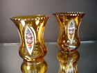 Pr Harrach Glass Company Amber Cut & Floral Enameled Vases W/Gold Bohemia Czech