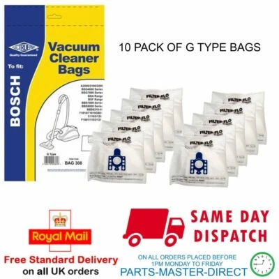FITS BOSCH TYPE G HIGH FILTRATON PLASTIC HOLDER VACUUM CLEANER DUST BAGS x 10 - Image 1 of 2