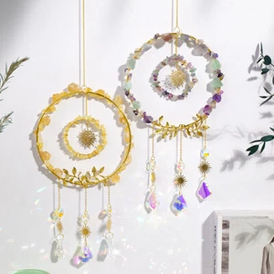Natural Raw Stone Sun Wind Chime Crystal Hanging Round Suncatcher Leaves Pendant - Picture 1 of 18