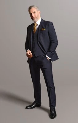 Navy Blue Pinstripe Three Piece Suit Slim Fit Tom Percy - Image 1 of 4