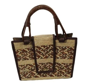 Lloyd Sisters Straw Handbag Basket Weave Brown Woven Purse Wood Handle Lined - Picture 1 of 9