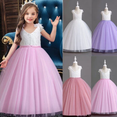 Kids Girls Princess Tulle Dress V-Neck Bridesmaid Christmas Party Formal Gown - Image 1 of 4