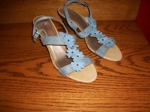 Dexter Blue Leather Flower Detail Wedge Sandals Size 7 - Picture 1 of 3