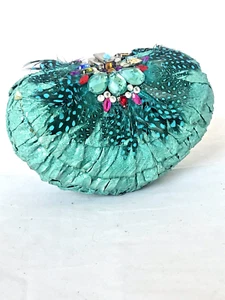 Handmade Beaded Blue Ruffled Snakeskin Leather Mini Clutch - Picture 1 of 11