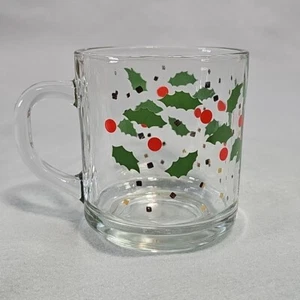 Vintage Anchor Hocking Christmas Glass Mugs Holly Berry USA Holiday Cup - Picture 1 of 5
