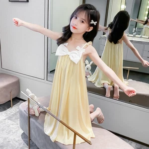 Kid Girl Satin Night Sleep Dresses Nightgown Bowknot Ruffle Spaghetti Strap Cute - Picture 1 of 10