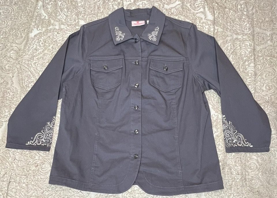 Quacker Factory Scroll Embellished Woven Jacket Gray Large Coastal Grandma - Image 1 of 4