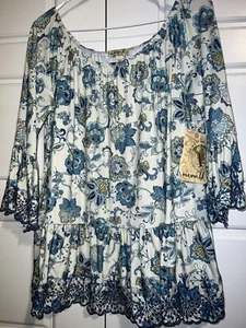 One World Blouse Top NWT Blue Floral Large - Picture 1 of 5