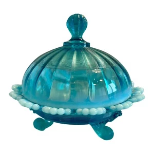 Antique Northwood Fluted Scrolls Blue Opalescent Glass Footed Covered Puff Box - Picture 1 of 11