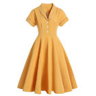 Women Vintage Lapel V Neck Swing Long Dress Button Down Pleated 1950s Party Slim