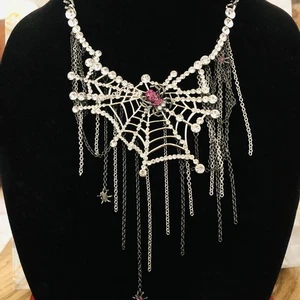 Authentic Betsey Johnson Necklace - Spider Web, Pink Crystal Spiders, NWT - Picture 1 of 14