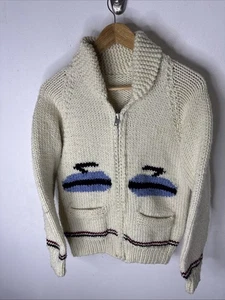 Vintage Hand Knit Wool Sweater Cowichan Curling Stones Zip Cardigan Women M  - Picture 1 of 5