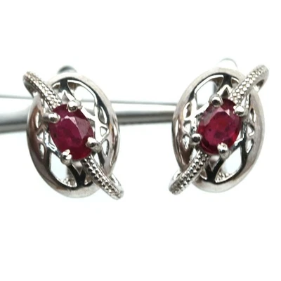 925 Sterling Silver White Gold Plated 4 x 6 mm. Red Ruby Earrings Black Friday - Image 1 of 4