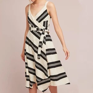 Abito midi Anthropologie taglia 16 Rosaria nero avorio righe senza maniche in maglia avvolgente - Foto 1 di 8