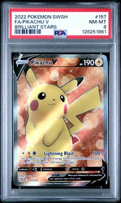 PSA 8 NM/MT 2022 POKEMON SWORD & SHIELD BRILLIANT STARS 157 FULL ART/PIKACHU V - Image 1 of 2