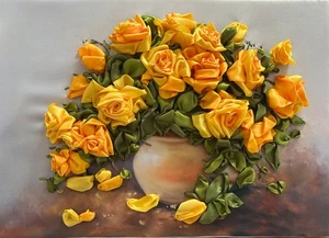 Imagen bordada cinta de seda, imagen 3D - bordado a mano/hermosas rosas - Imagen 1 de 3
