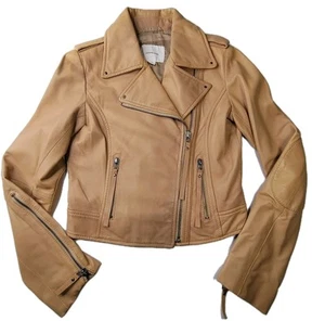 Country Road 100% Leather Biker Jacket Lined Collar Zip Tan Short Adjustable Sle - Picture 1 of 22