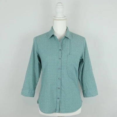 Camisa para mujer Horny Toad Fanfair azul blanco algodón a rayas manga 3/4 abotonada Foto 1 de 4