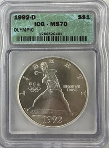 1992 D Olympic Baseball Commemorative Silver Dollar $1 ICG MS70 - Picture 1 of 3
