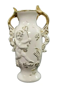 KIRSCHVASE 6 1/2" hoch KERAMIK VIKTORIANISCHER STIL WEISS mit GOLDAKZENTEN VINTAGE   - Bild 1 von 7