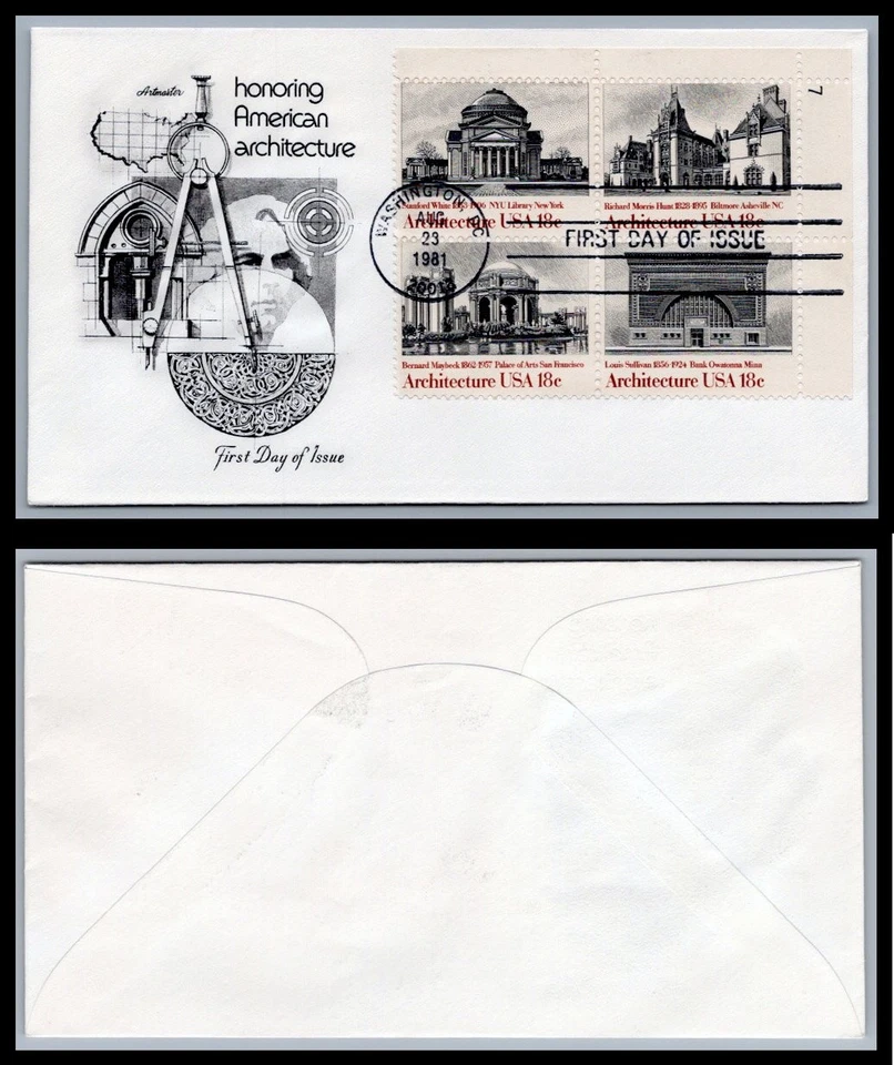 US FDC # 1928-1931 18c Architecture  Artmaster Plate Block 7 UR 1981, 9Q1052 - Image 1 of 1