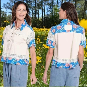 Tru Luxe Womens Short Sleeve Patchwork Shirt Jacket Size M Floral Lace NWT - Picture 1 of 16