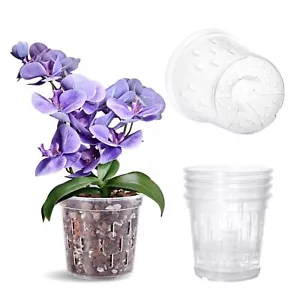 4 Pack 5 Inch Orchid Pots with Holes and Saucers, Clear Plastic Pot for Indoor - Picture 1 of 7