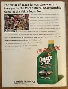 Quaker State Motor Oil Nokia Sugar Bowl 1999 fútbol sensible años 90 anuncio impreso - Imagen 1 de 2
