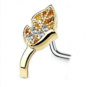 Nose L Bend Ring Leaf Gemmed Crawler 13mm Head Gold IP 20 Gauge 1/4" - Picture 1 of 3