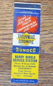 CUBIERTA DE LIBRO DE CERILLAS DE GASOLINERA HARRY BIDDLE SUNOCO: CINCINNATI, OHIO MATCHCOVER B23 - Imagen 1 de 2