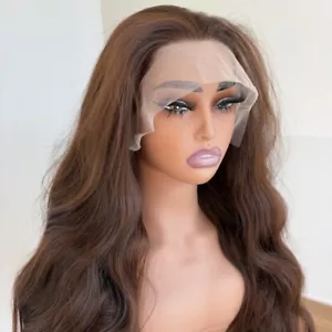 Dark brown Heat Resistant Hair Lace Frontal Wig Long Wavy Pre Plucked - Picture 1 of 8