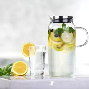Ecooe 1,5L Glaskrug Wasserkrug Mit Edelstahl Deckel Glaskaraffe Karaffe Glaskane - Bild 1 von 9