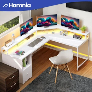 67" LED L-Shaped Computer Desk Corner Table with USB Power Outlets & File Drawer - Picture 1 of 11