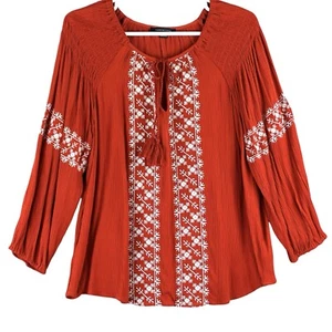 American Eagle Damen bestickte rote Bluse Größe Large gesmokte Schultern Quasten - Bild 1 von 13