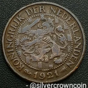 Netherlands 1 Cent 1921 Seahorse. KM#152. One Penny coin. Wilhelmina I. Lion.  - Picture 1 of 7