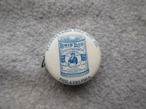 1919 LEWIS LYE CAN Pennsylvania SALT Mfg  CELLULOID TAPE MEASURE  Bright  Works - Picture 1 of 4