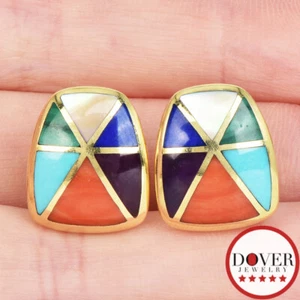 Asch Grossbardt Turquoise MOP Malachite 14K Gold Stud Earrings 7.4 Grams NR - Picture 1 of 5