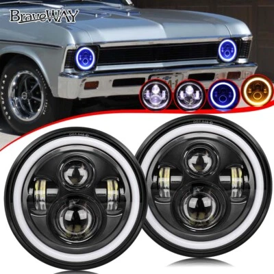 Pair Fit Chevrolet Nova 1969-79 7''Round LED Headlights DRL Halo Hi-Lo Beam - Image 1 of 4