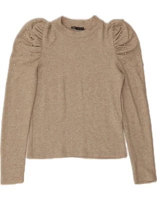 ZARA Womens Crew Neck Jumper Sweater UK 10 Small Beige Viscose CN12 - Image 1 of 3