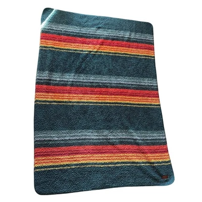 Pendleton Green Orange Yellow Red Striped Sherpa Fleece Throw Blanket 47x67 - Image 1 of 4