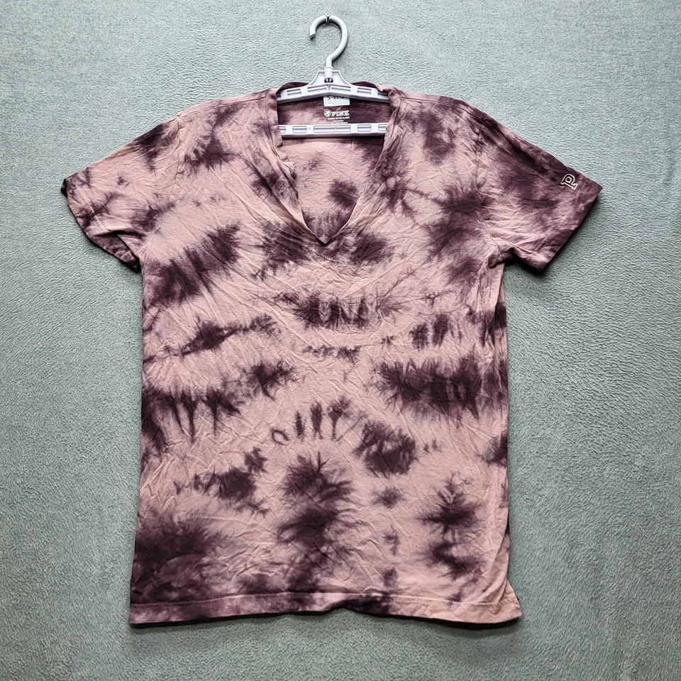 PINK Women Shirt M Purple Tie-Dye Logo Left Sleeve Embroidery V-Neck - Image 1 of 4