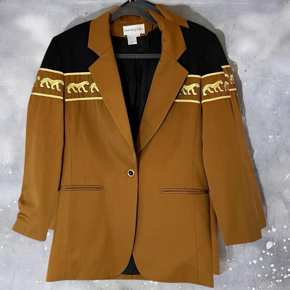 Blazer forrado chaqueta de lana vintage Bloomingdales de la década de 1990 marrón talla 4 León Big Cat Foto 1 de 4
