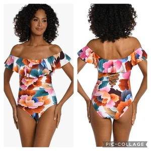 La Blanca Off Shoulder One Piece Swimsuit Size 6 Bright Florals - Picture 1 of 7